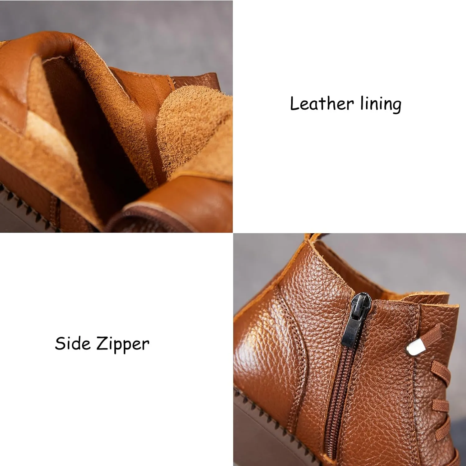 Women's Vintage Leather Lace Up Flat Ankle Booties with Side Zipper,Fashionable Round Toe Non-slip Wear-Resistant Combat Boots Casual Soft Sole Ankle Boots.
