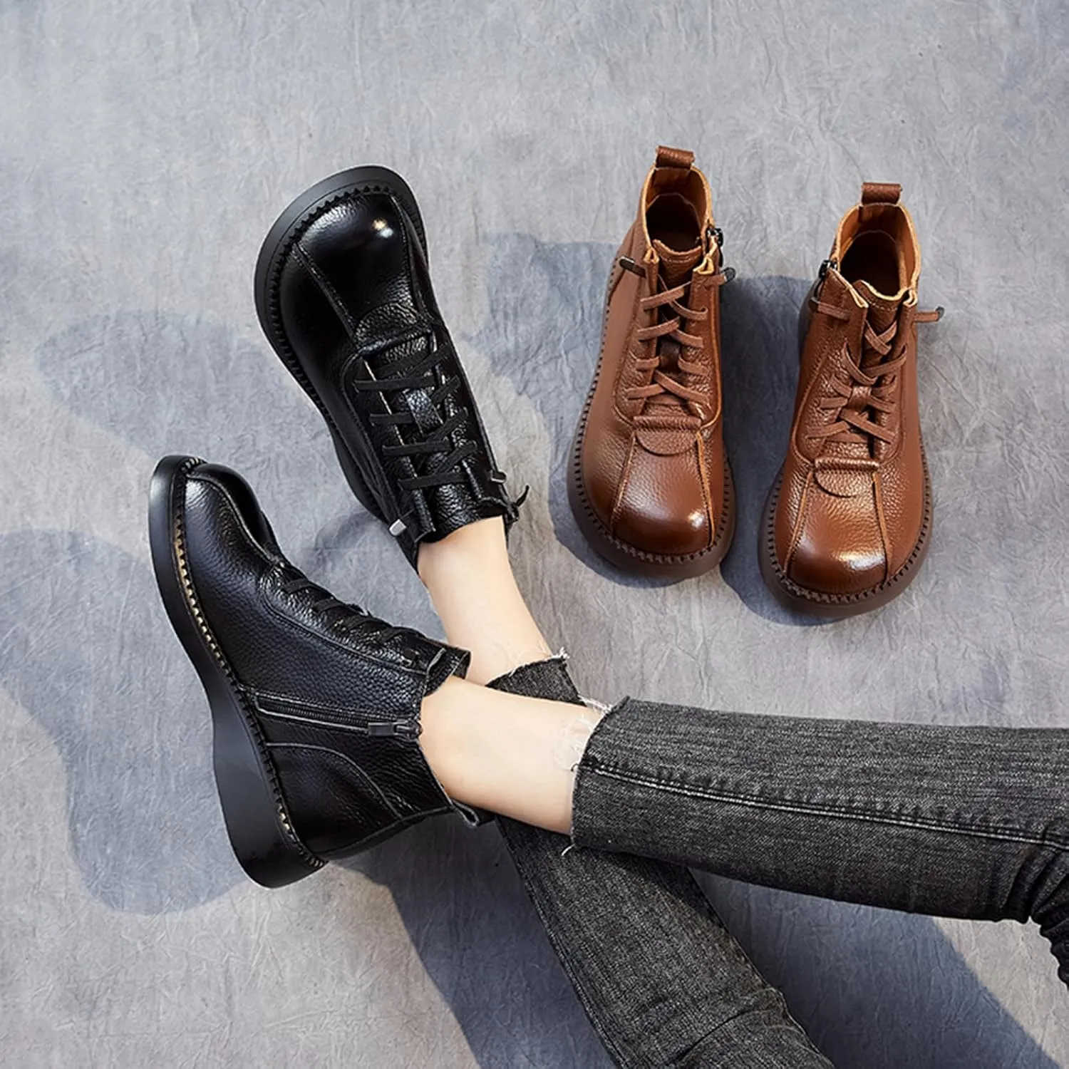 Women's Vintage Leather Lace Up Flat Ankle Booties with Side Zipper,Fashionable Round Toe Non-slip Wear-Resistant Combat Boots Casual Soft Sole Ankle Boots.